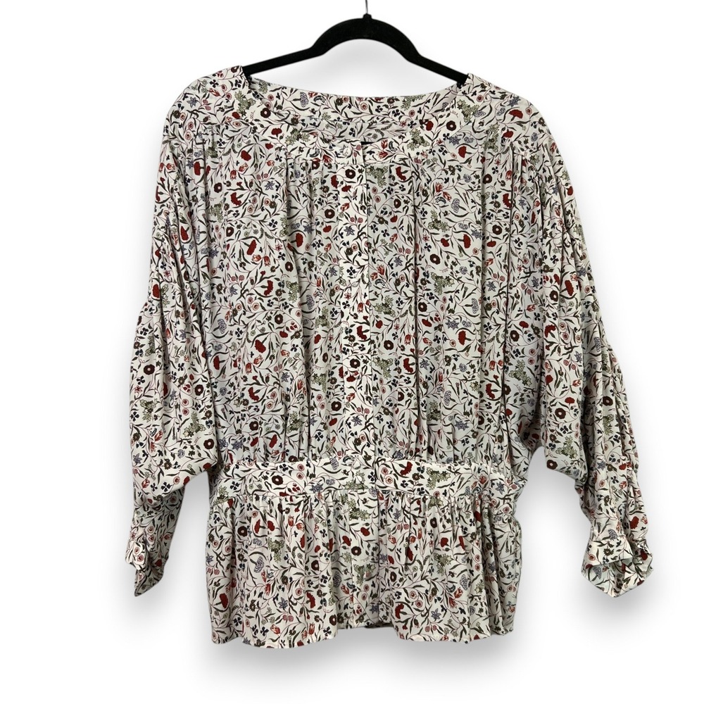FRAME LWSH0623 Silk Peplum Blouse Womens Large Off White Multi Floral Cottage